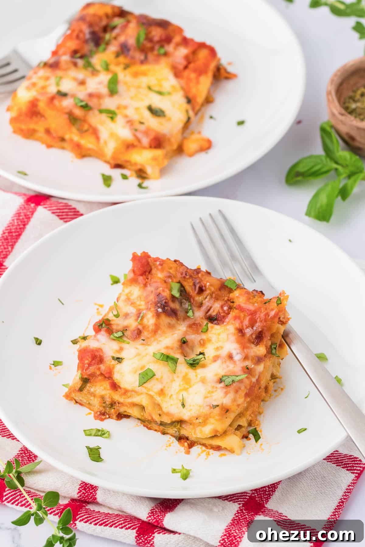 Triple Cheese Lasagna 27 Another mouth-watering view of a plate with a slice of golden-brown cheese lasagna.