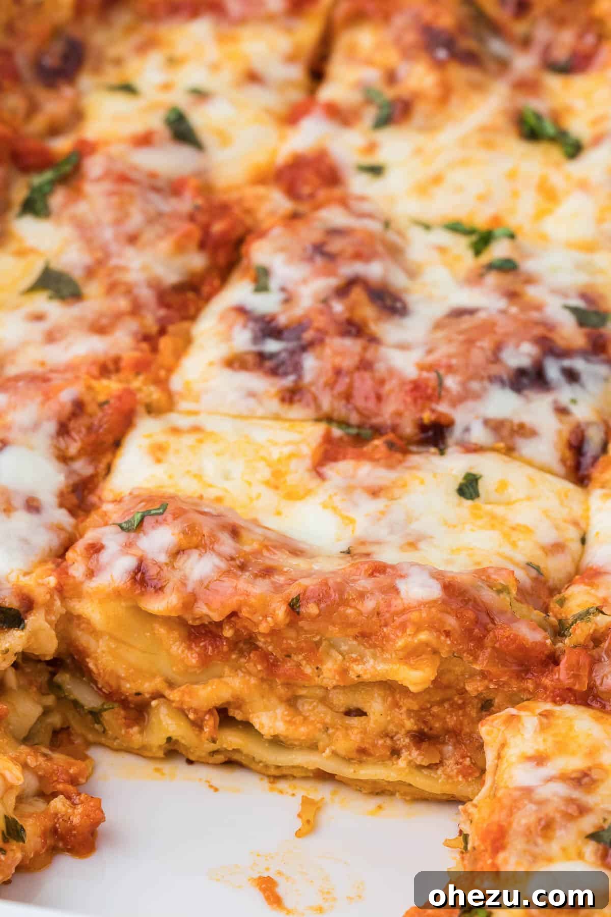 Triple Cheese Lasagna 28 A generous pan of three cheese lasagna, highlighting its rich layers and melted cheese topping.