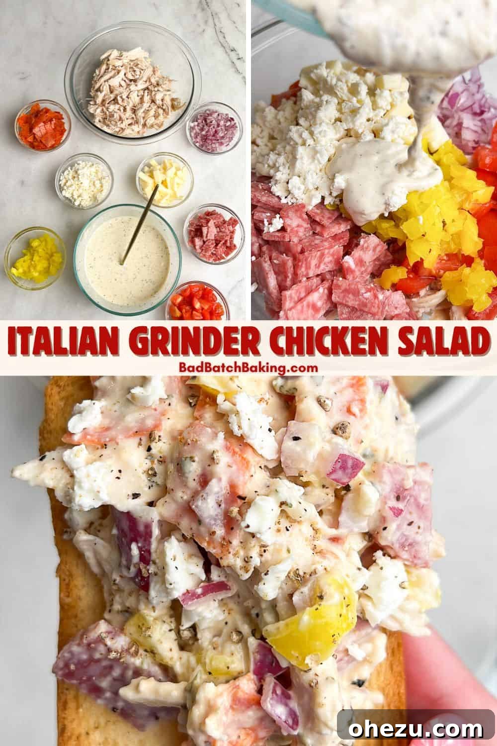 Step-by-step image illustrating how to make Italian Grinder Chicken Salad, showing the process of mixing ingredients.