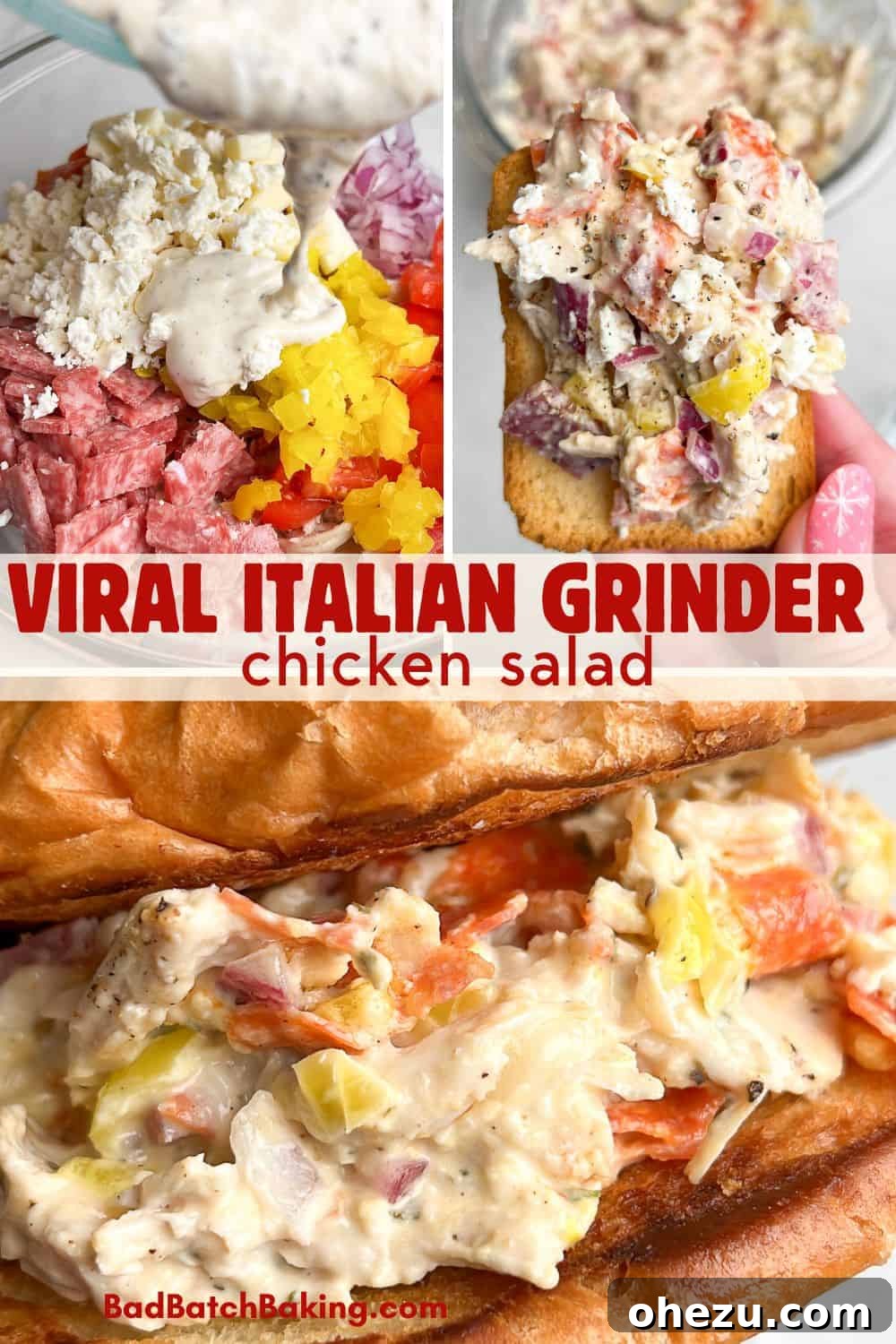 Another image showcasing the preparation of Italian Grinder Chicken Salad, highlighting key components.
