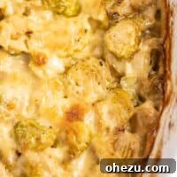 Baked cheesy Brussels sprouts gratin in a round dish