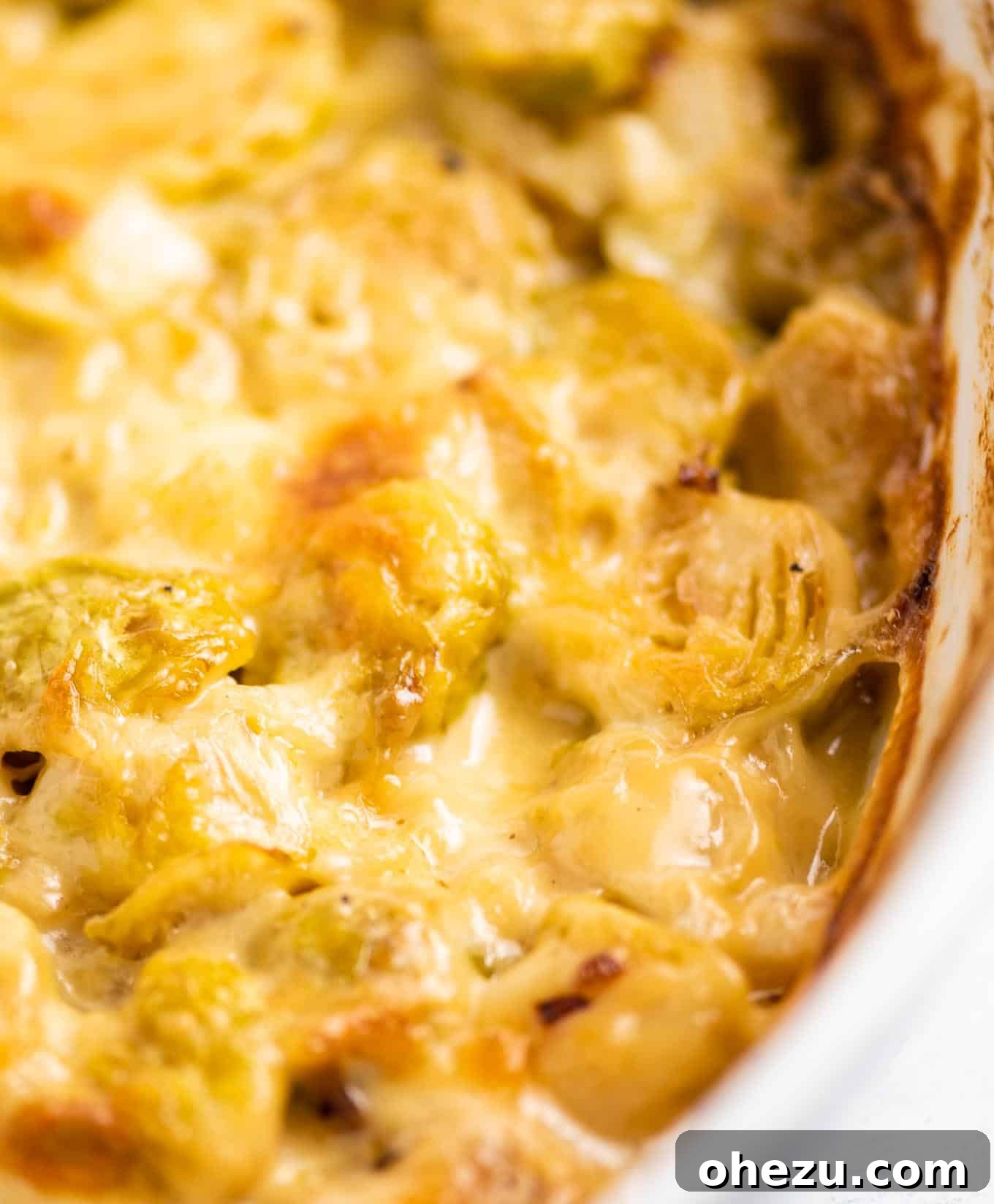 Ultimate Cheesy Brussels Sprouts 4 A close-up shot of the bubbly, golden-brown crust of cheesy Brussels sprouts gratin in a white baking dish.