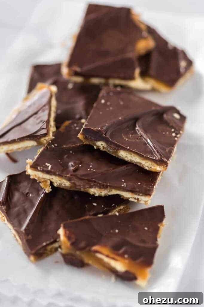 Irresistible Christmas Toffee Bark 19 Stacked saltine candy without additional toppings, showcasing its simple yet appealing design.