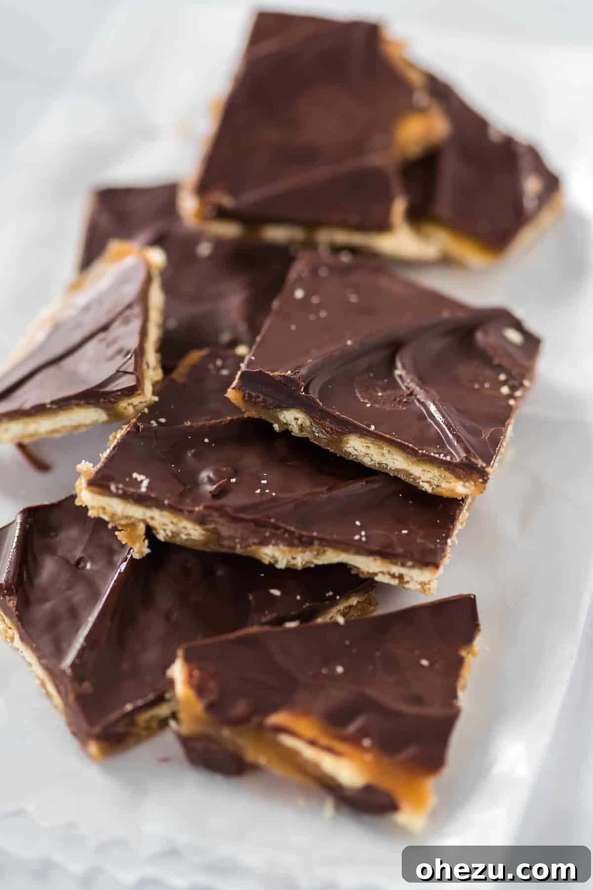 Irresistible Christmas Toffee Bark 3 Stack of freshly made saltine candy without any additional toppings, showcasing its simple elegance.