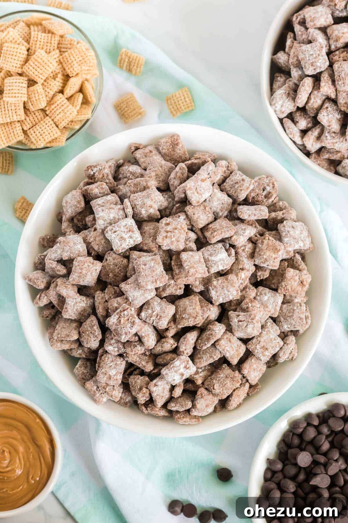 Vegan Chocolate Peanut Butter Cereal Crunch 12 Large serving of vegan muddy buddies presented elegantly in a bowl, showcasing its irresistible appeal