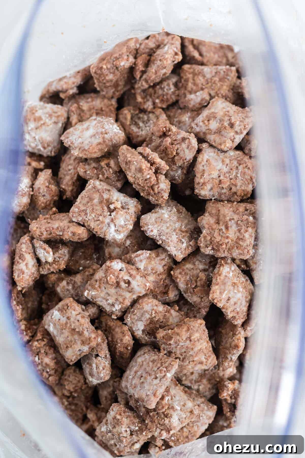 Vegan Chocolate Peanut Butter Cereal Crunch 9 Ziploc bag full of vegan muddy buddies, coated in powdered sugar