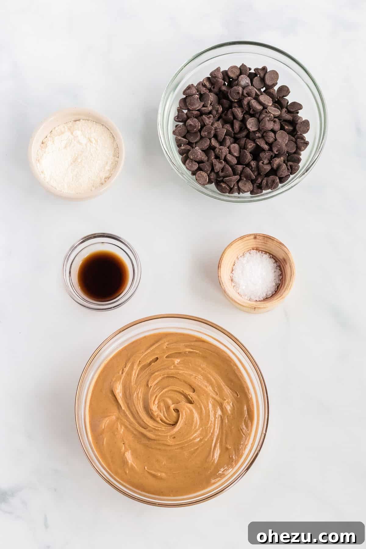 Decadent Vegan Peanut Butter Chocolate Fudge 3 A beautiful arrangement of all the essential ingredients for making vegan chocolate peanut butter fudge: creamy peanut butter, vanilla extract, dairy-free chocolate chips, coconut flour, and a small bowl of flaked sea salt.