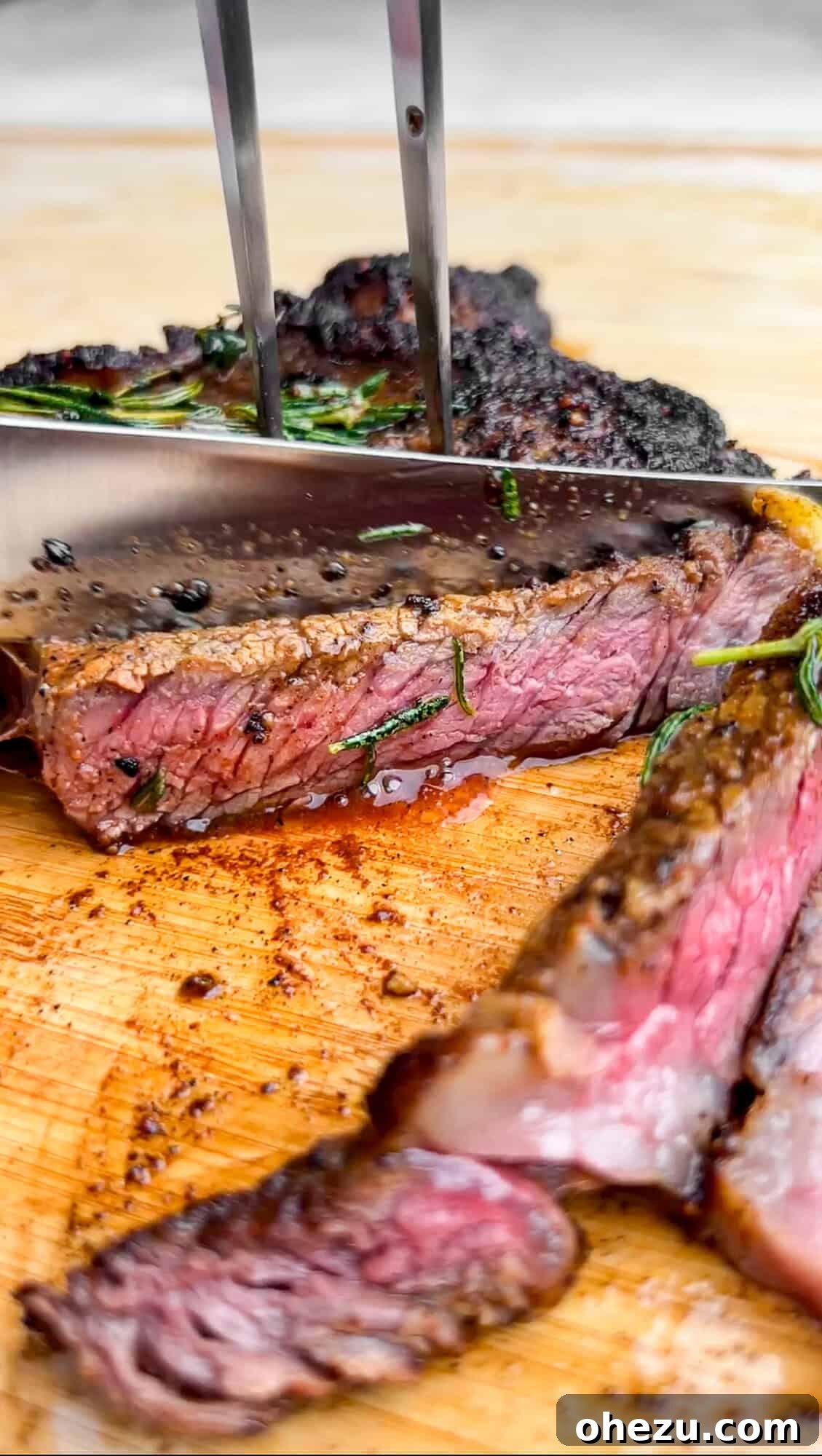 Rustic Herb Butter Steak 11 Expertly slicing a cooked steak with a sharp knife, revealing its tender interior