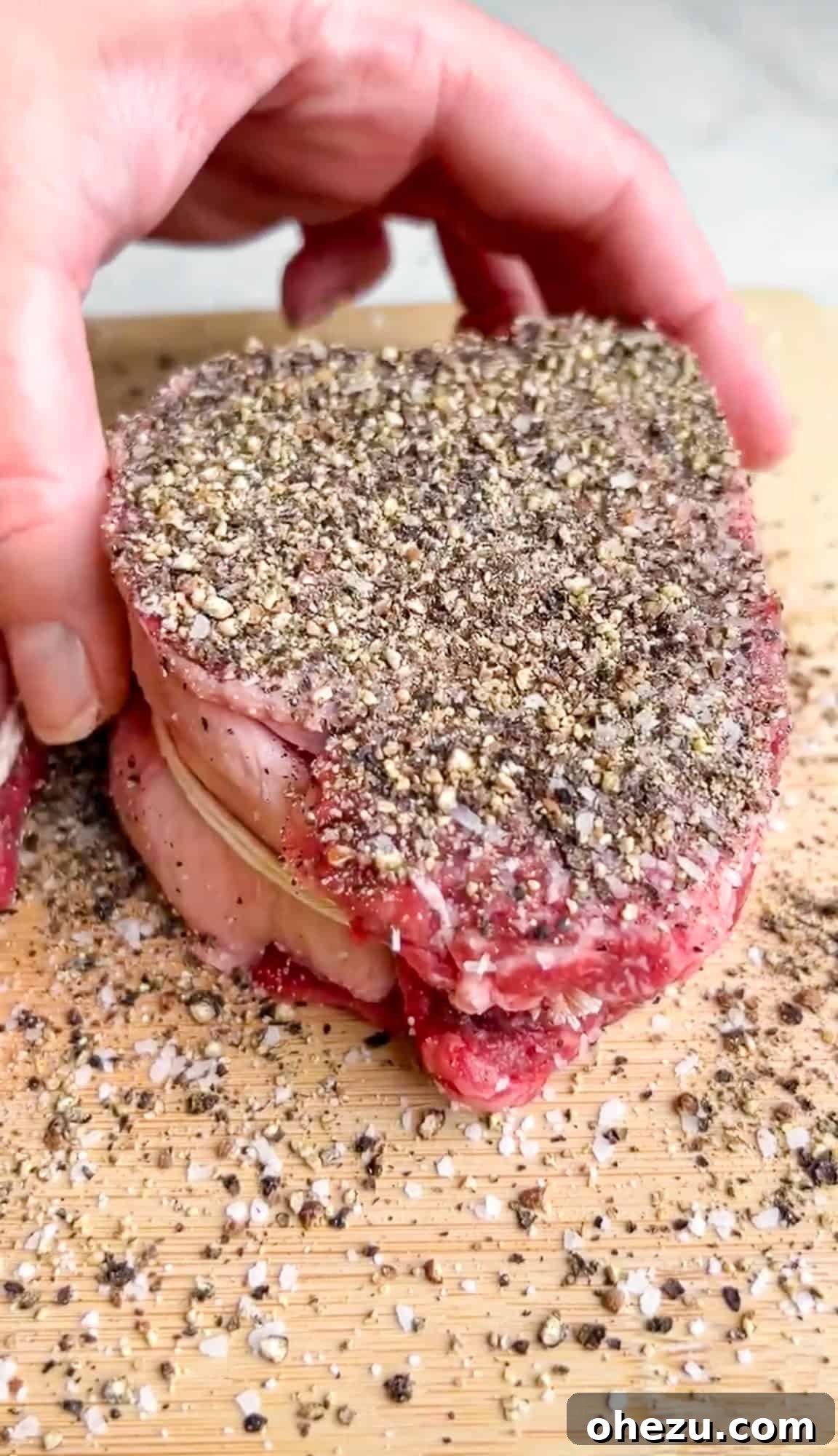 Rustic Herb Butter Steak 9 Thick, seasoned steak ready for cooking, resting on a cutting board