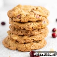 5 stacked white chocolate cranberry pecan cookies