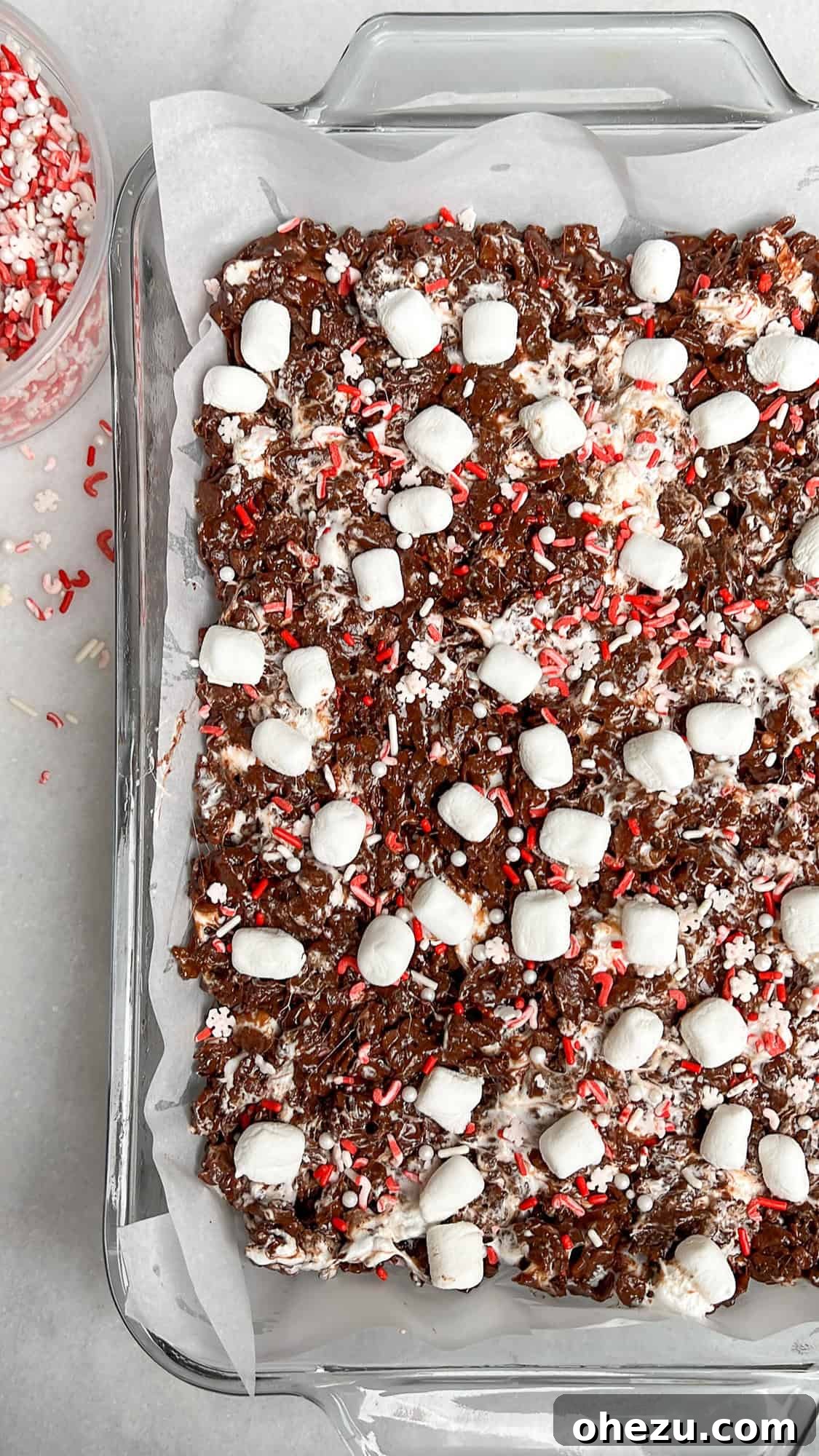 Cozy Cocoa Crisps 13 Freshly pressed Hot Cocoa Rice Krispie Treats in the pan, topped generously with mini marshmallows, sprinkles, and chocolate chips.