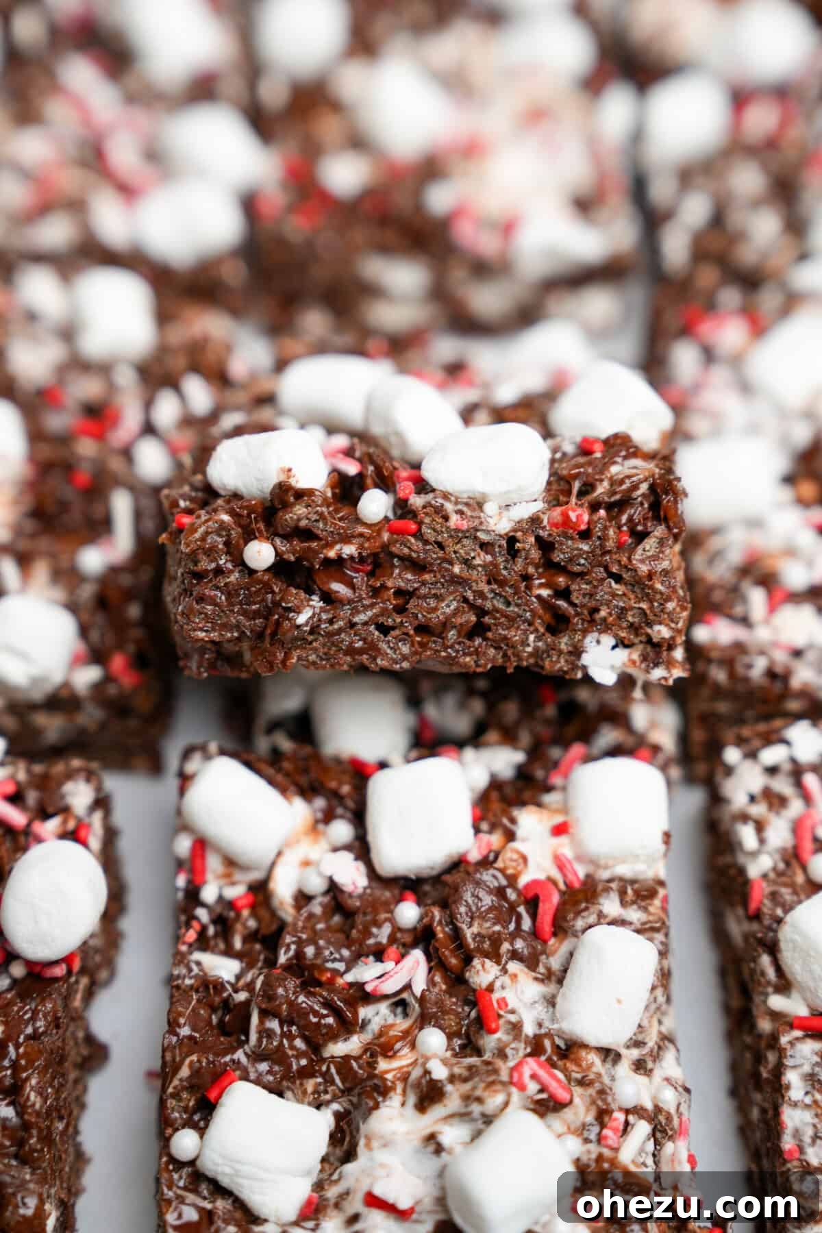 Cozy Cocoa Crisps 3 Close-up view of the rich, chocolatey texture of a Hot Cocoa Rice Krispie Treat, showcasing the gooey marshmallow swirls and crunchy cereal.