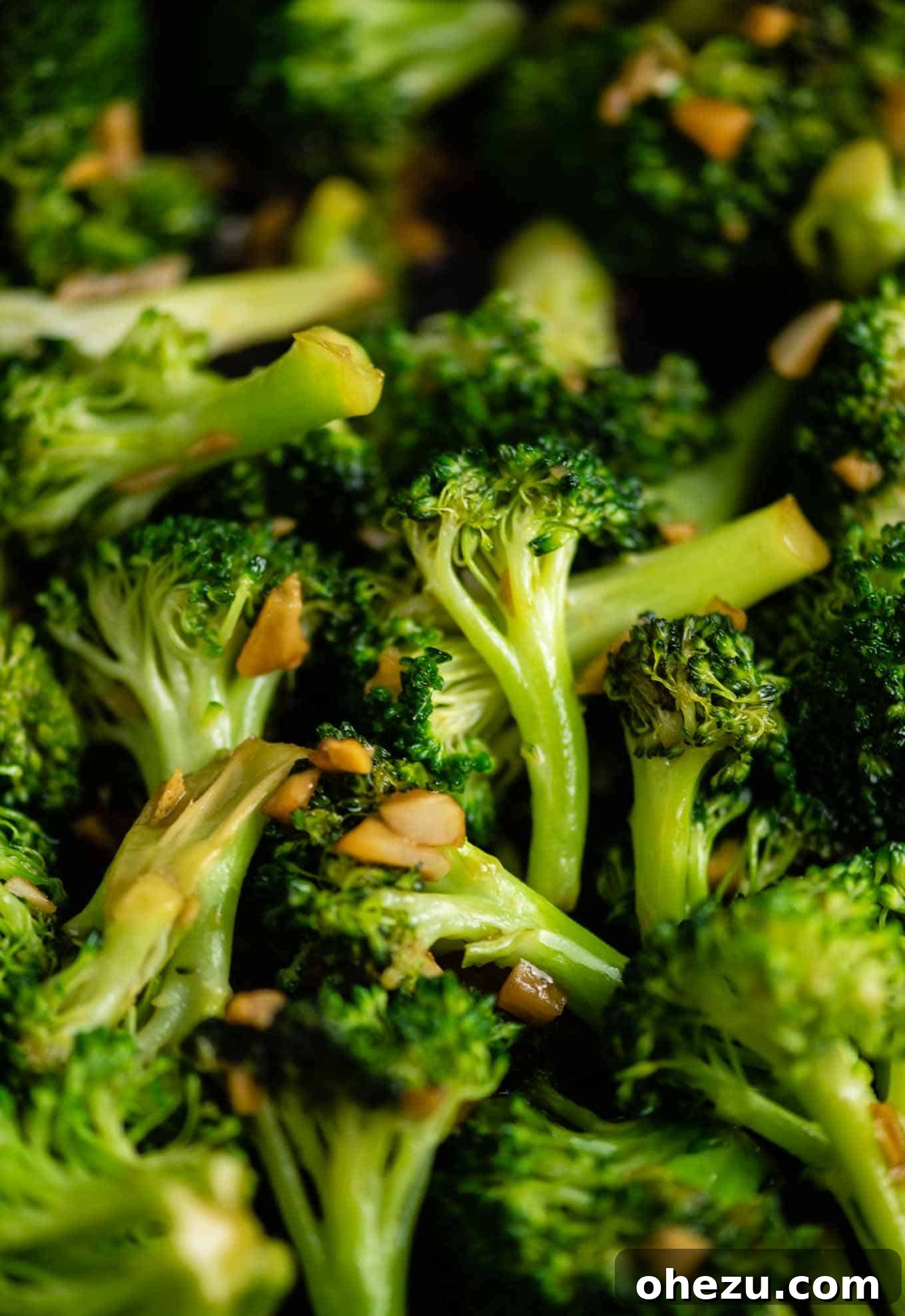 Crisp and Flavorful Broccoli Stir Fry 11 up close picture of cooked chinese broccoli with ginger and garlic on top
