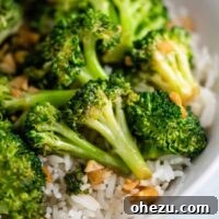 broccoli stir fry over rice in a white bowl