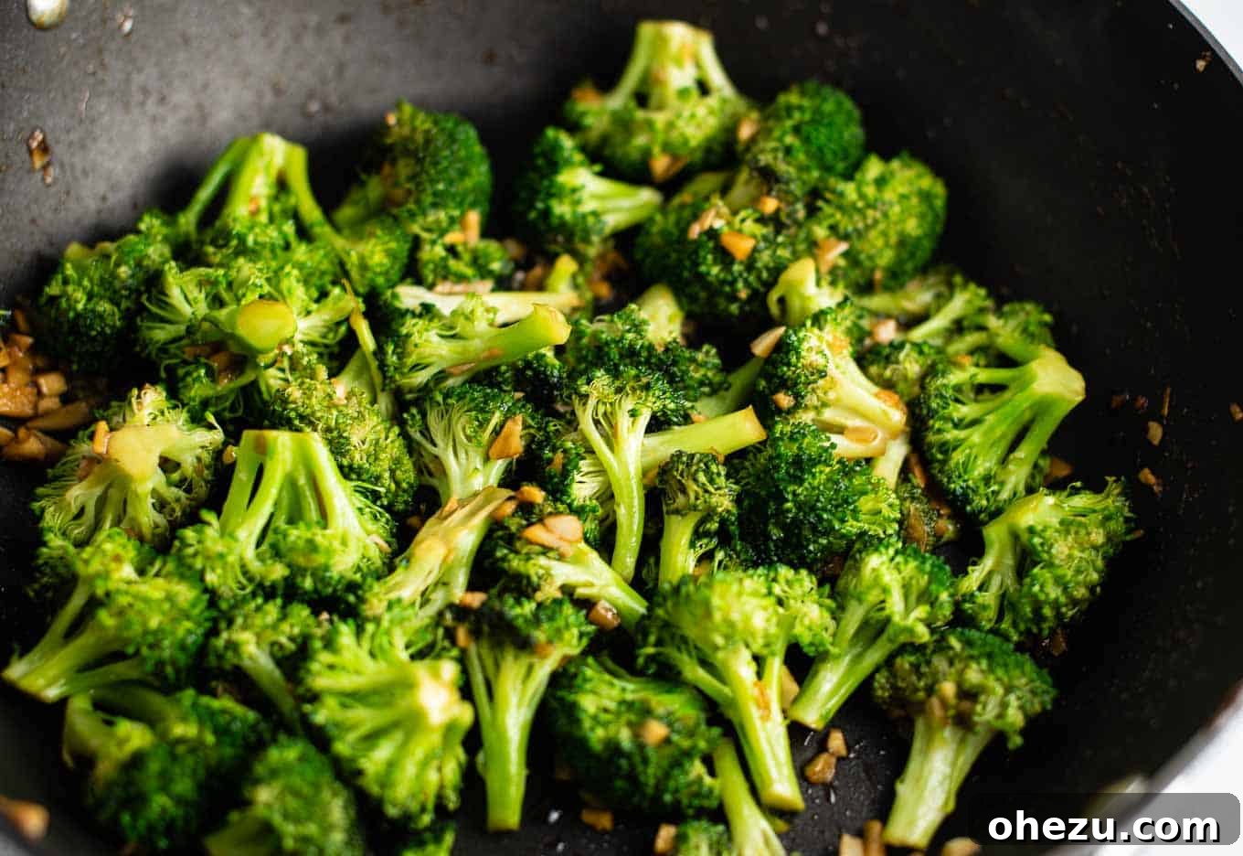 Crisp and Flavorful Broccoli Stir Fry 10 broccoli florets cooked in a black wok