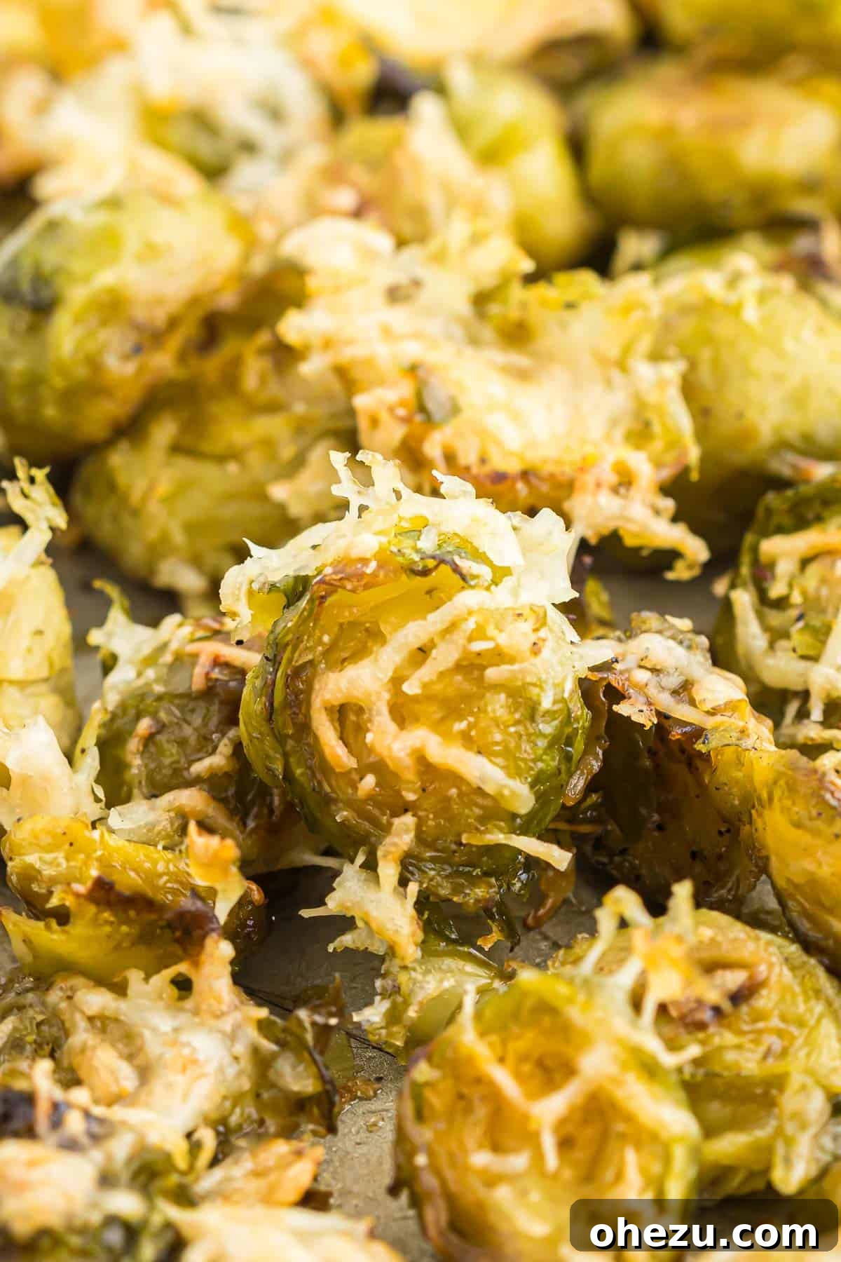 A large serving of golden brown roasted frozen Brussels sprouts with melted Parmesan cheese, garnished with fresh herbs, ready to be enjoyed.