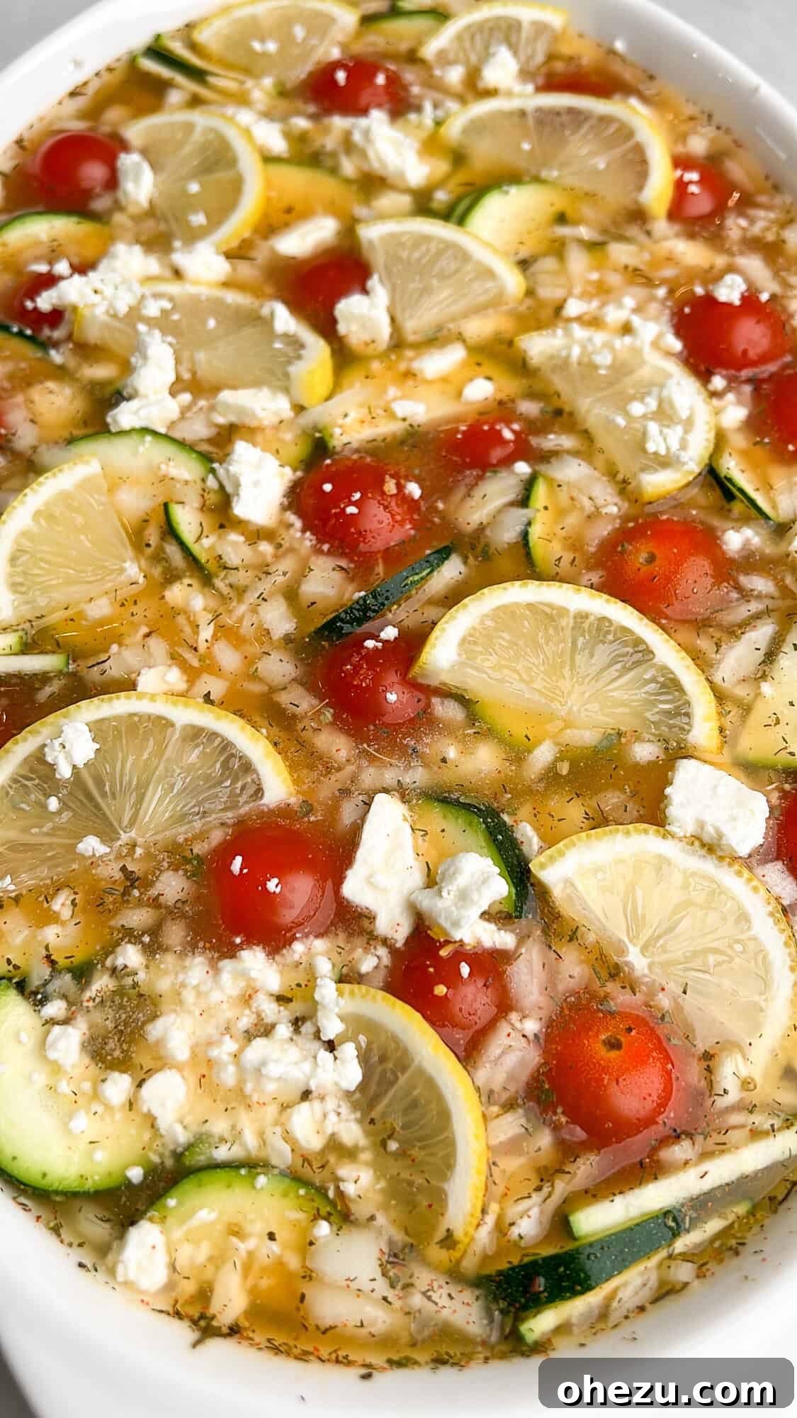 Zesty Greek Chicken Casserole 12 Casserole dish fully assembled with chicken, rice, vegetables, feta, and lemon wedges, ready for the oven.
