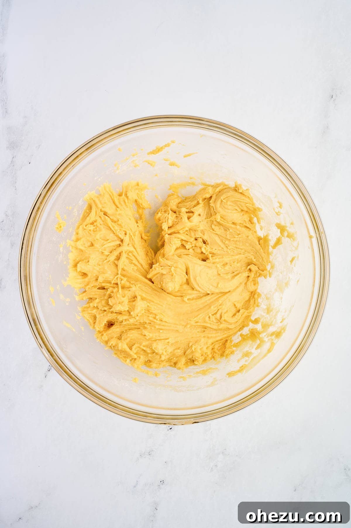 Thick cake mix batter, thoroughly mixed with oil and eggs