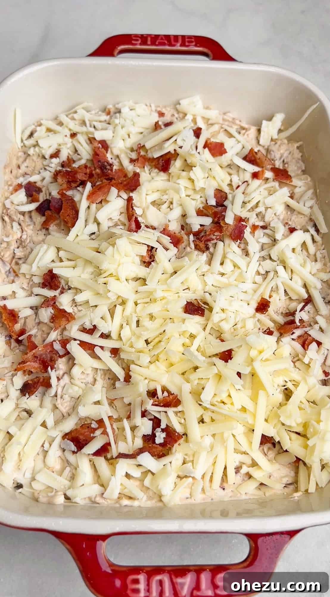 Caramelized onion dip mixture in a pan before baking