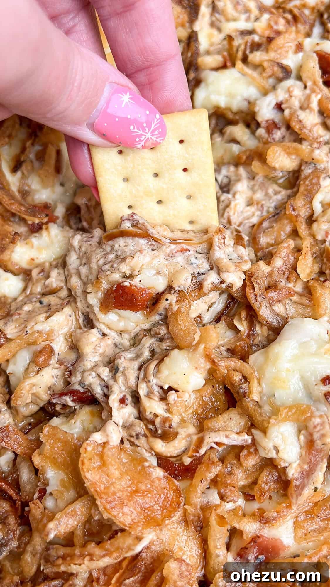 A cracker being dipped into hot caramelized onion dip with bacon and cheese