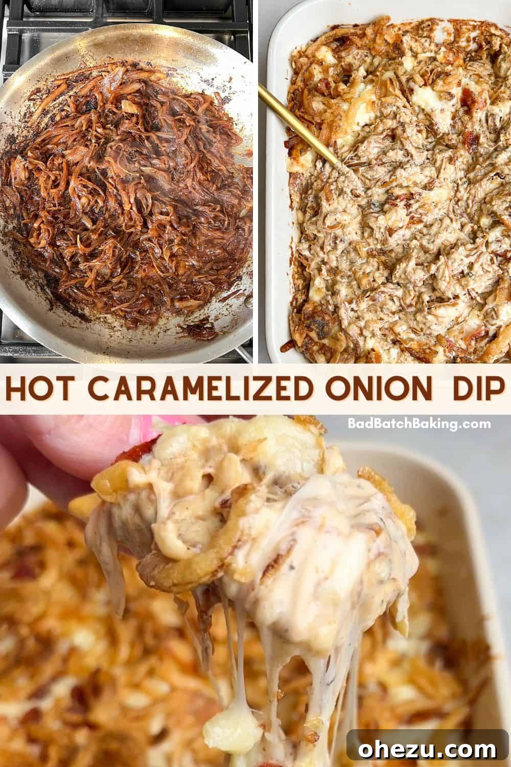 Beautifully baked caramelized onion dip with melted cheese