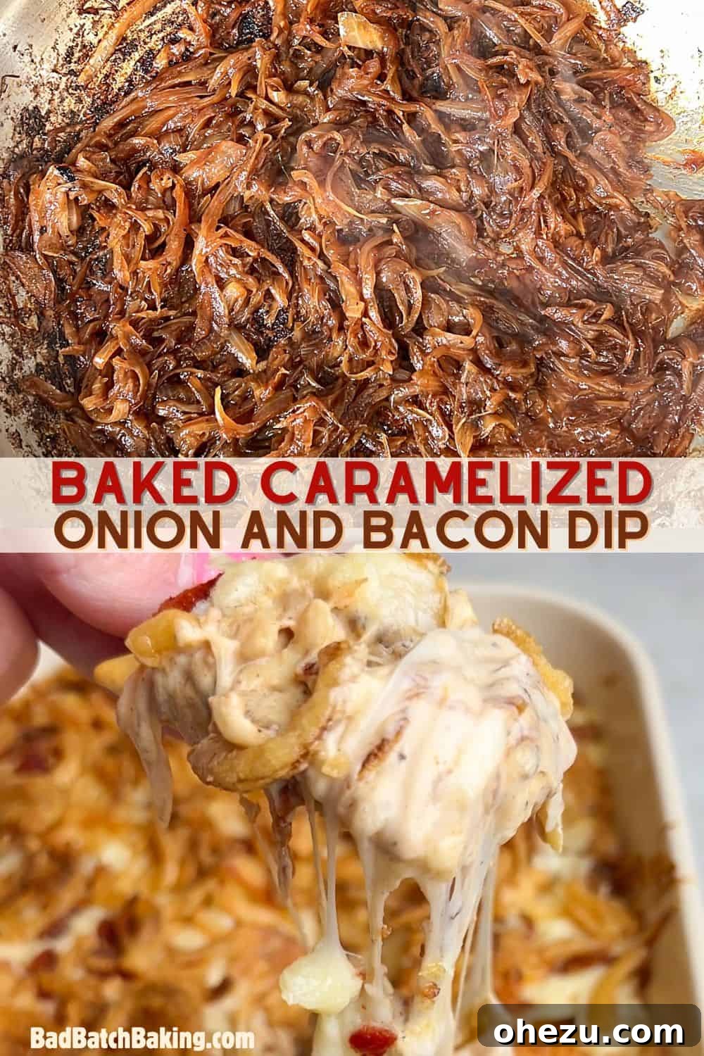 Close-up of hot caramelized onion and bacon dip, ready to be scooped
