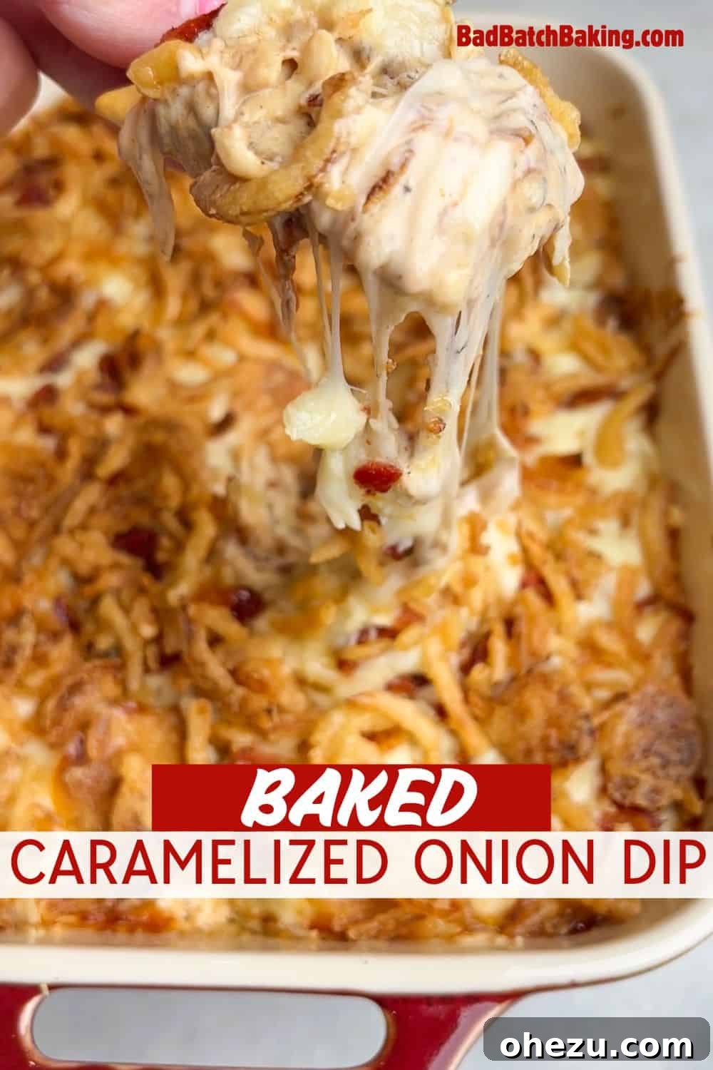 Overhead shot of hot caramelized onion dip with crispy toppings
