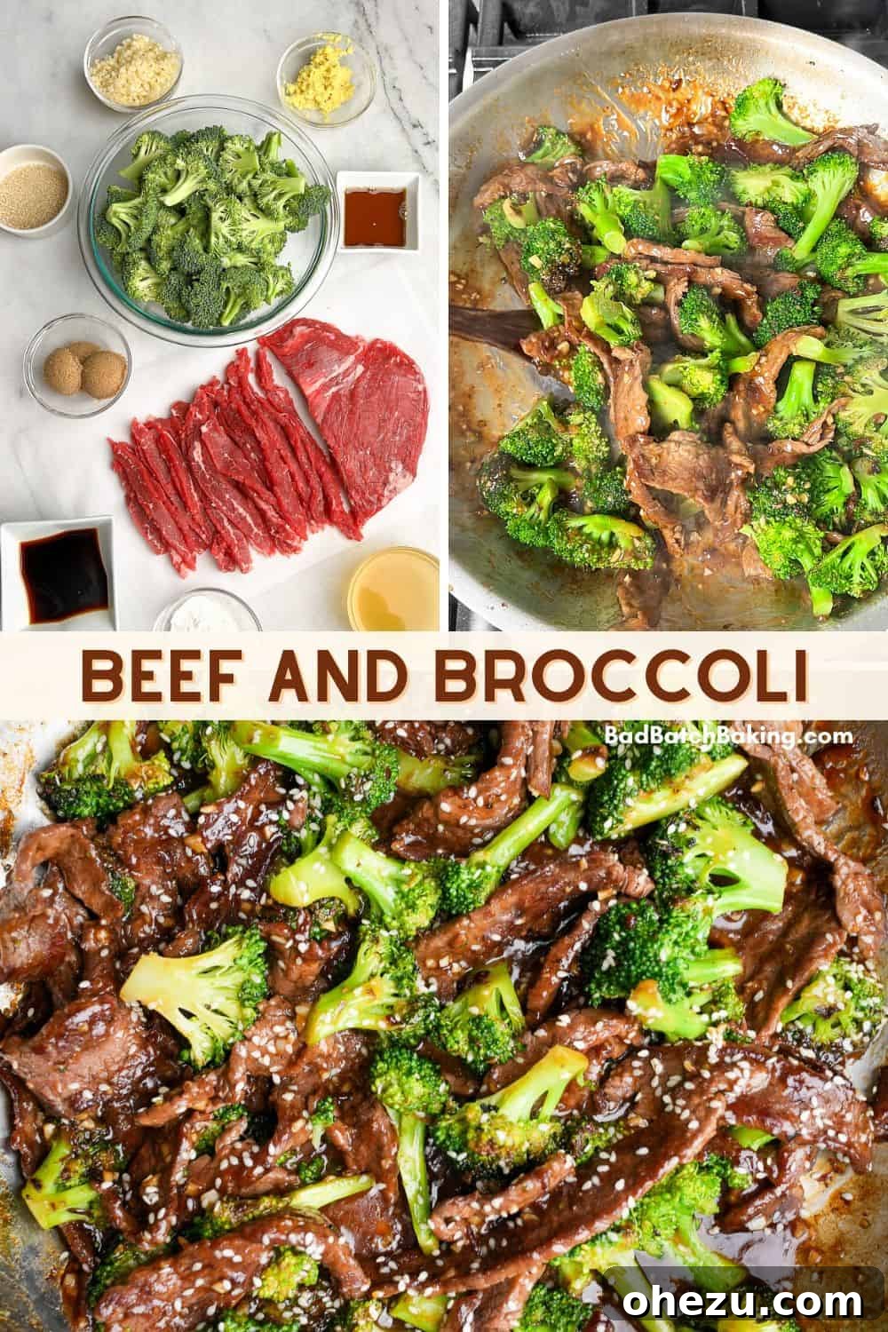 Overhead shot of a delicious one-pan beef and broccoli dish