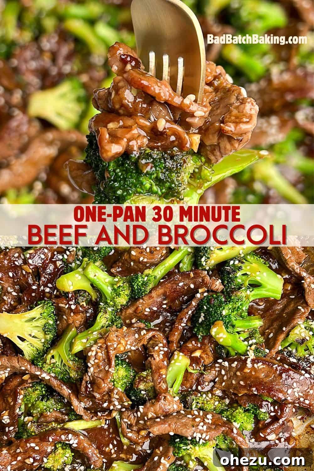 A generous serving of one-pan beef and broccoli in a rustic setting