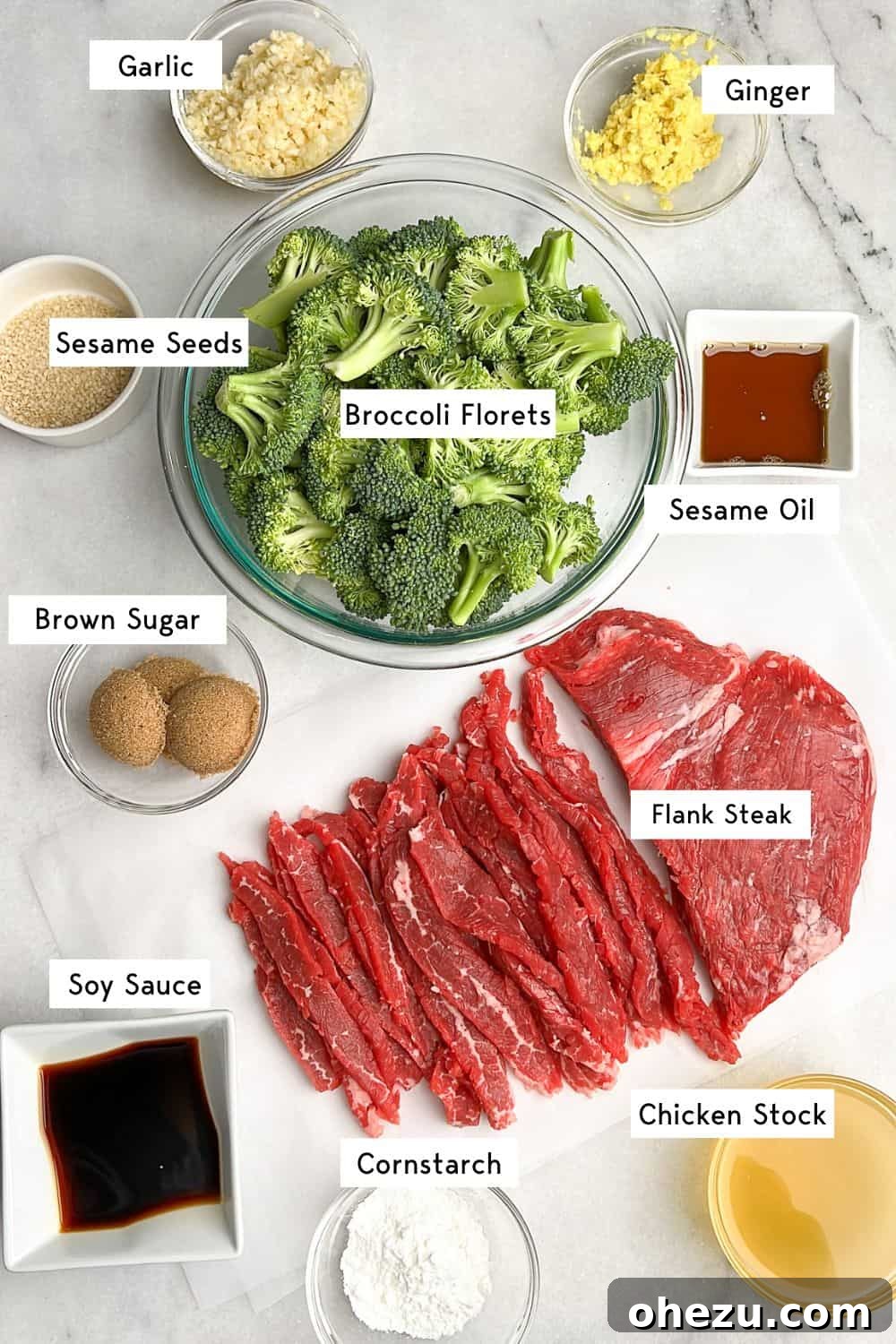 Individual ingredients for beef and broccoli, neatly measured out