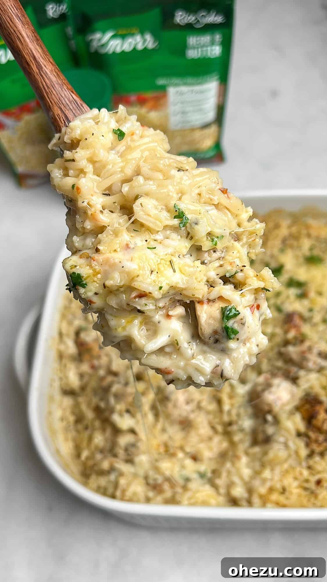 Golden Garlic Parmesan Chicken Rice Bake 2 cheesy rice casserole with chicken on a large spoon
