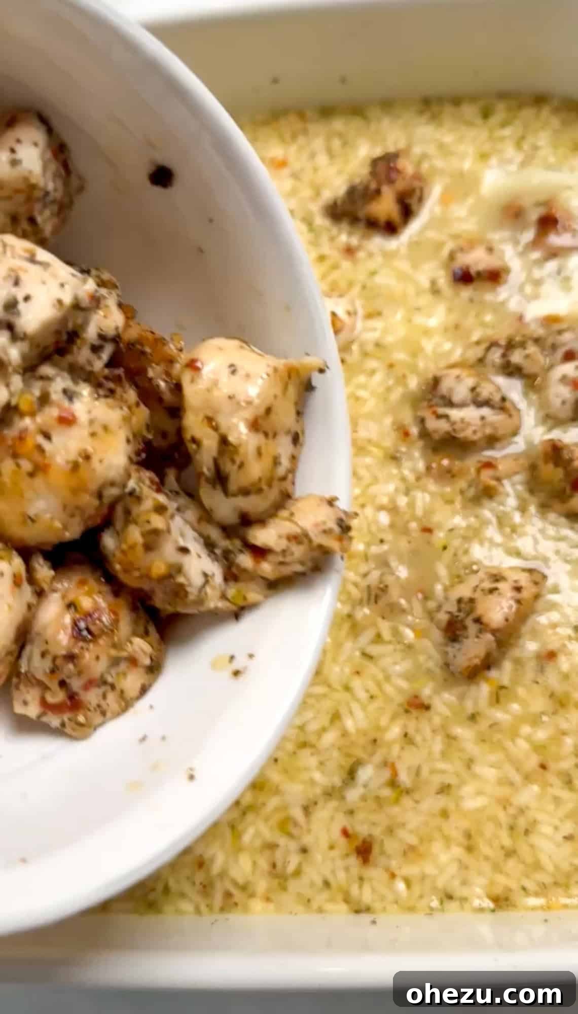 Golden Garlic Parmesan Chicken Rice Bake 6 adding ingredients to chicken rice casserole