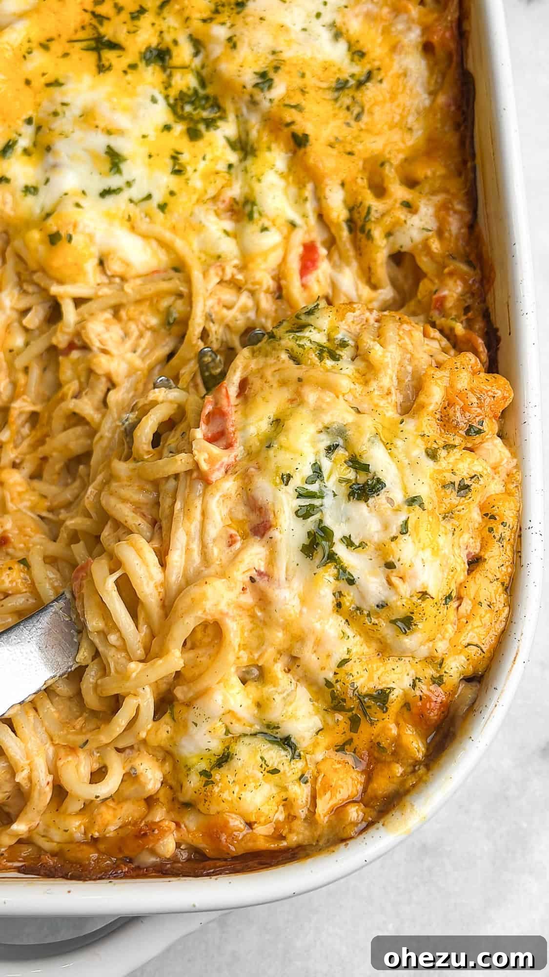 chicken spaghetti in a casserole dish