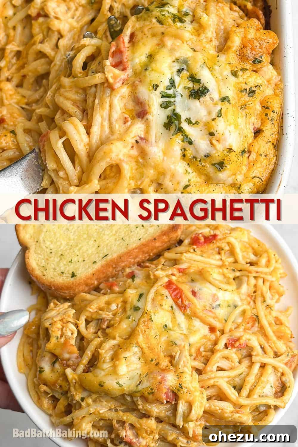 chicken spaghetti in a casserole dish