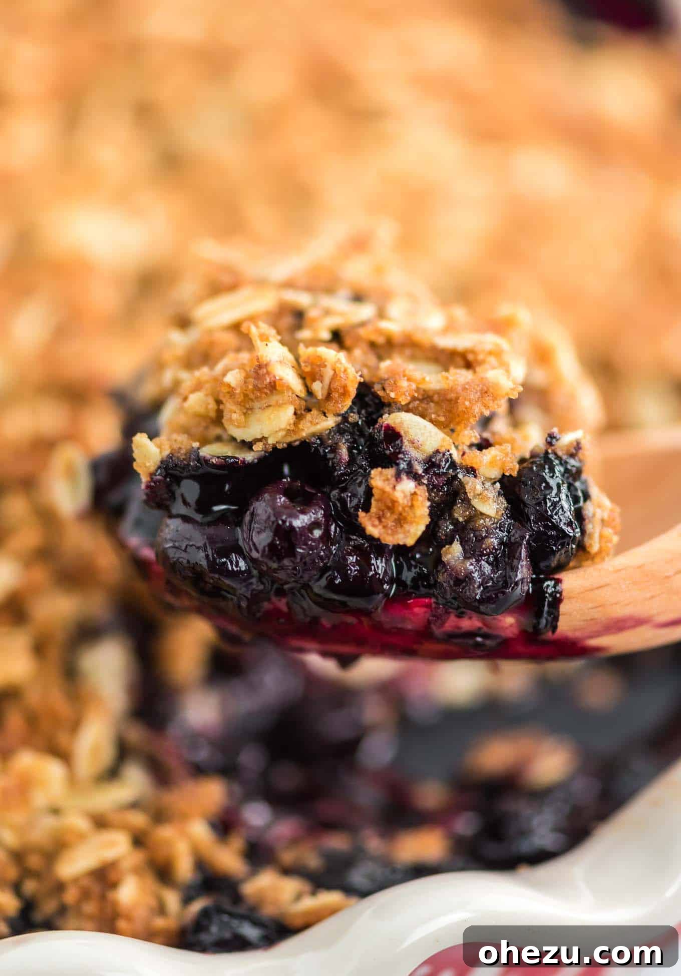 A wooden spoon taking a scoop of warm, bubbly blueberry crisp topped with a golden oat crumble