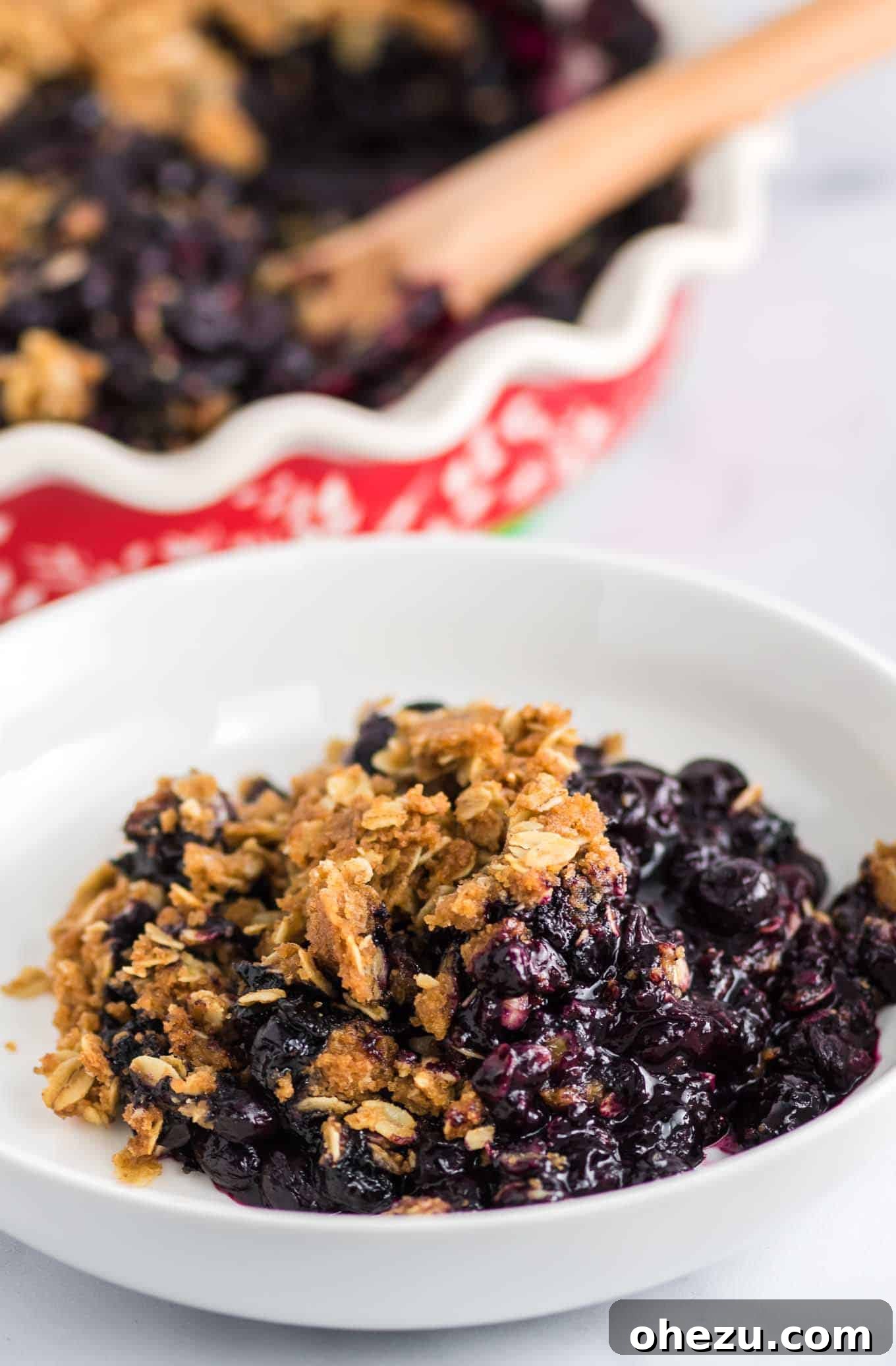 Blueberry crisp in a white bowl, freshly baked and ready to serve