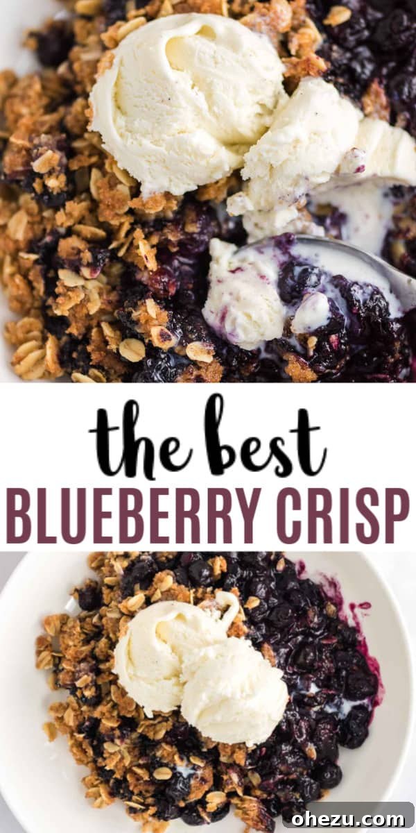 Image with text "the best blueberry crisp" alongside a beautifully baked crisp