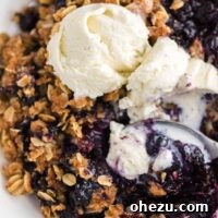A silver spoon taking a bite of blueberry crisp and ice cream