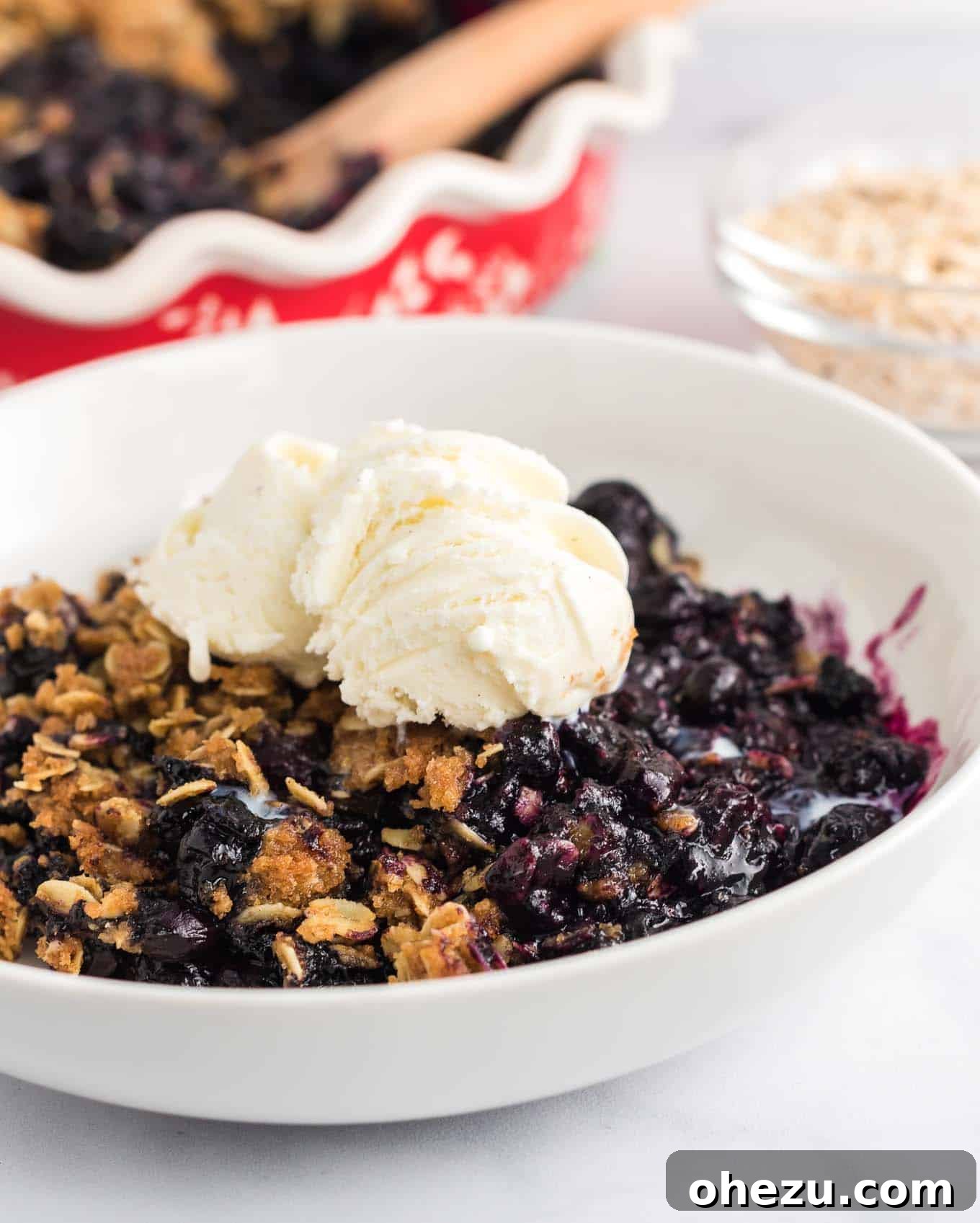 Blueberry crisp in a white bowl, generously topped with two scoops of melting vanilla ice cream, ready to be enjoyed