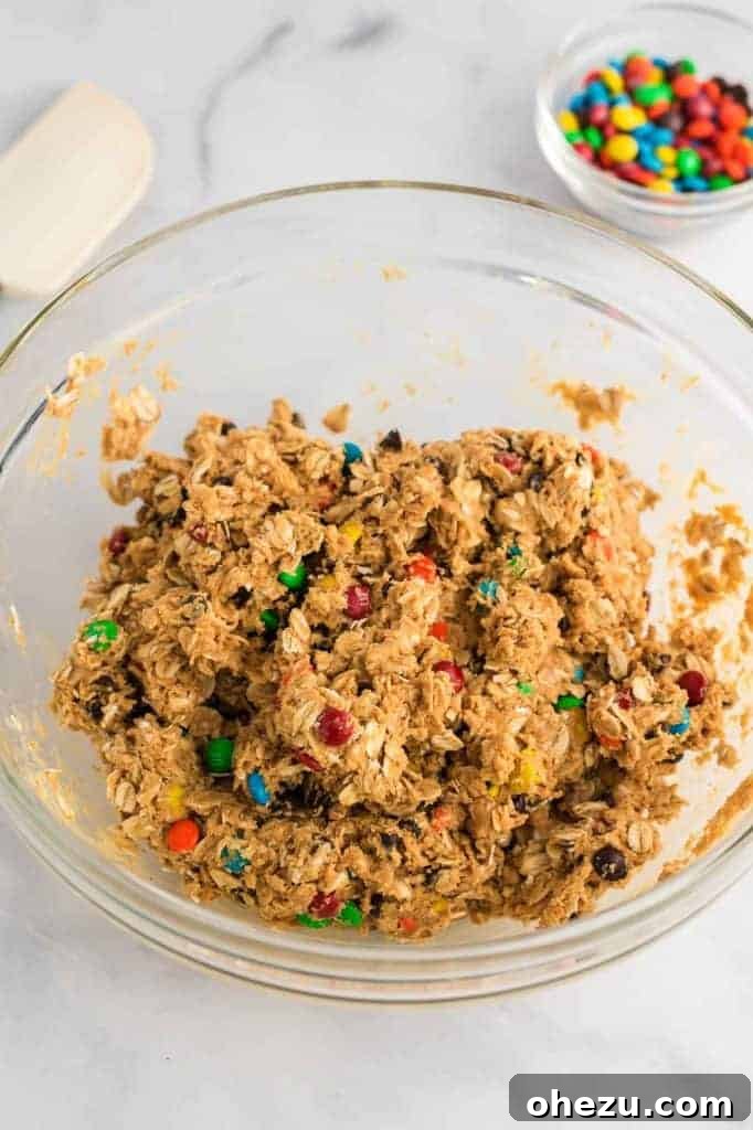 Ultimate Monster Cookie Fuel Bites 7 The fully mixed energy ball batter resembling cookie dough, stirred together evenly in a bowl.