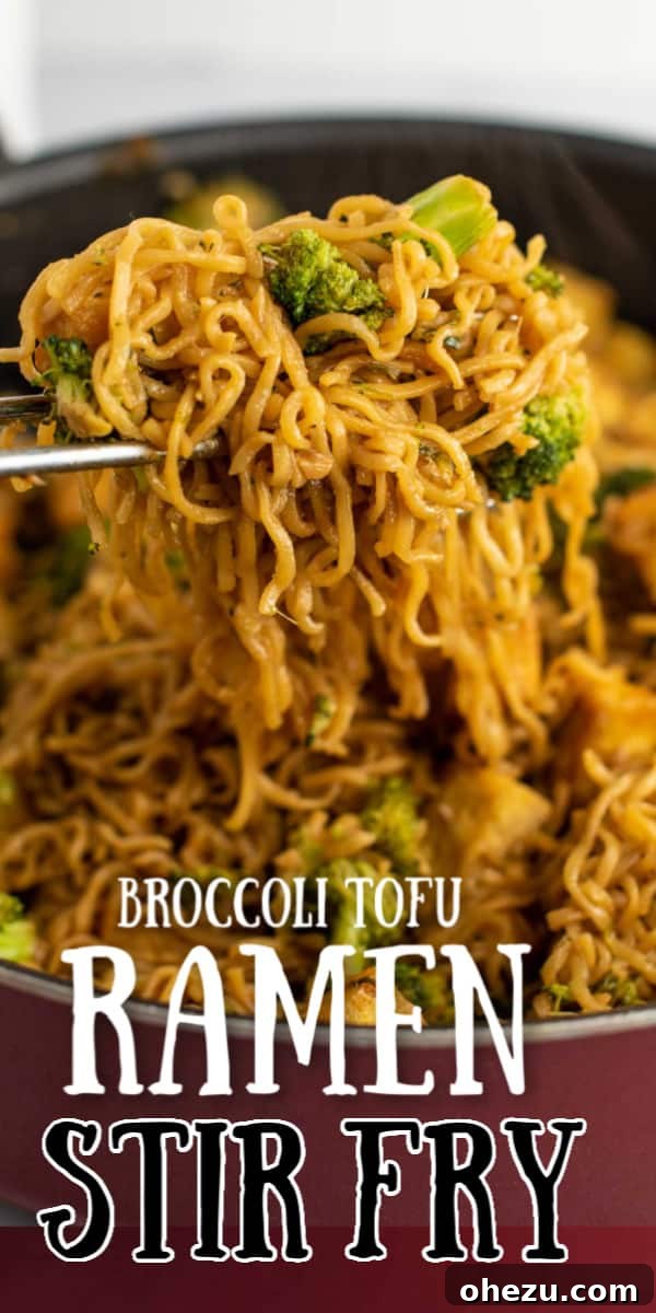 Image with text "Broccoli Tofu Ramen Stir Fry" with a delicious photo of the dish