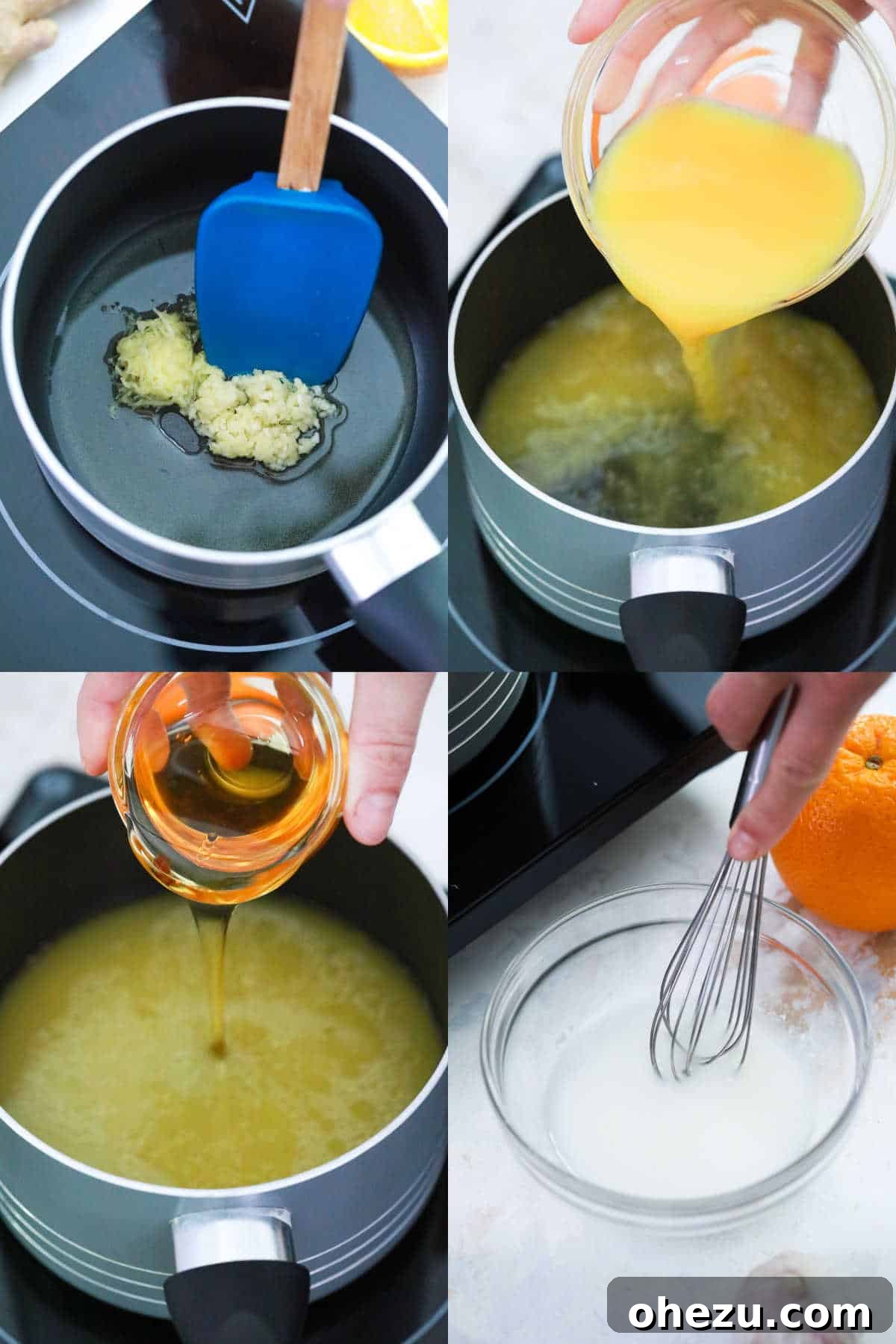 Zesty Orange Glaze 6 A step-by-step collage showing ingredients being added to a saucepan on a stove, illustrating the process of making orange sauce.