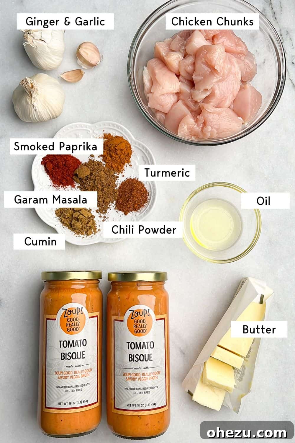 Effortless Butter Chicken 4 All the essential ingredients neatly laid out on a kitchen counter, ready for making butter chicken.