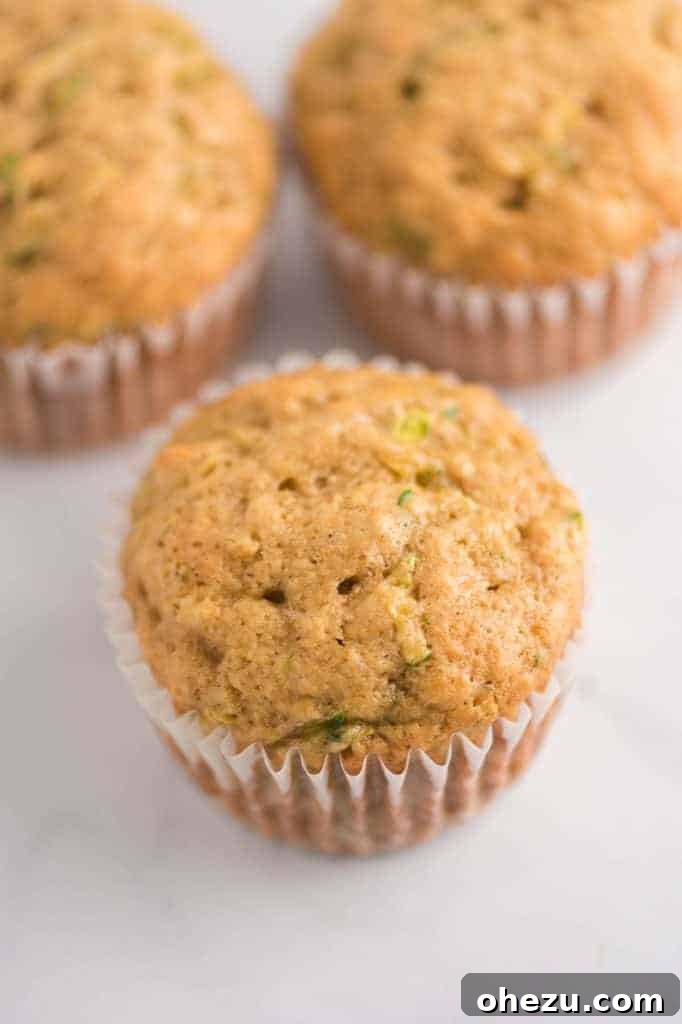 A single, perfectly baked zucchini muffin still nestled in its paper liner, showcasing its golden-brown top and inviting texture, ready to be enjoyed.