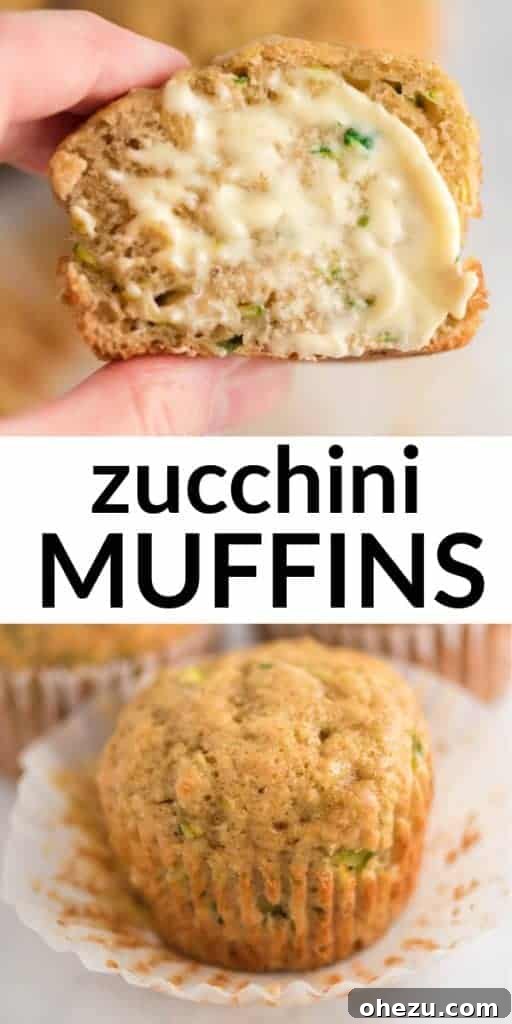 Promotional image with the prominent text "Zucchini Muffins" layered over a vibrant picture of baked muffins.