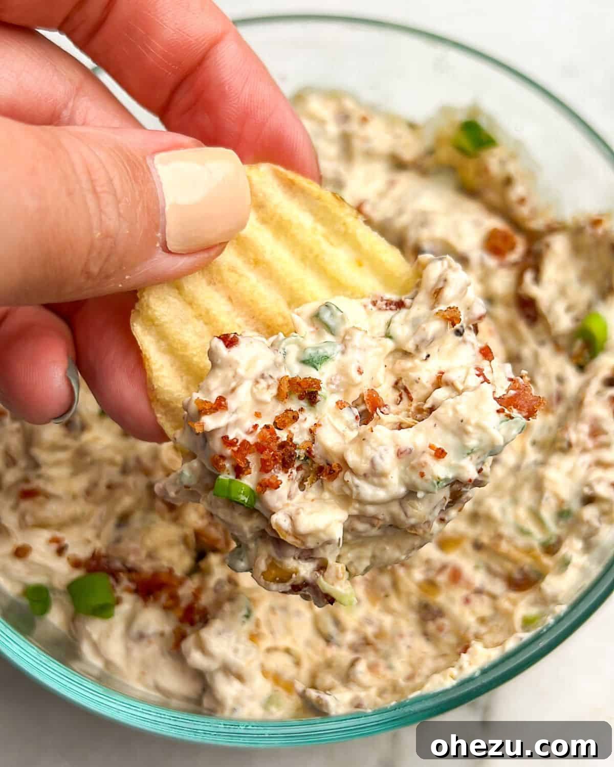 Over 20 Must-Try Recipes for Your Memorial Day Cookout 4 Rich and creamy Caramelized Onion and Bacon Dip, served with potato chips.