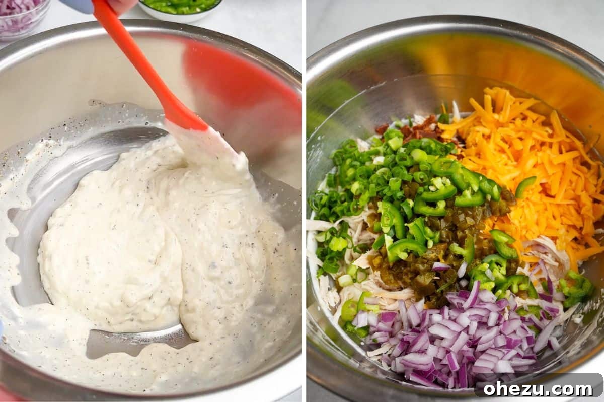 Step-by-step image of combining ingredients to make chicken salad.