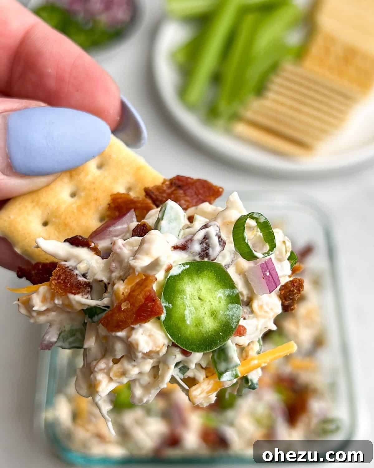 Jalapeno Popper Chicken Salad in a bowl and on a cracker, highlighting presentation.