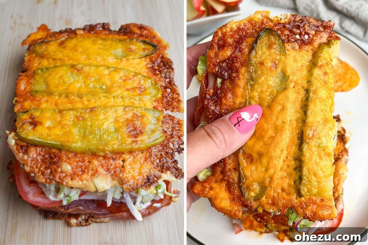 A perfectly sliced Viral Pickle Sandwich, revealing its intricate layers and inviting texture, ready to be enjoyed.