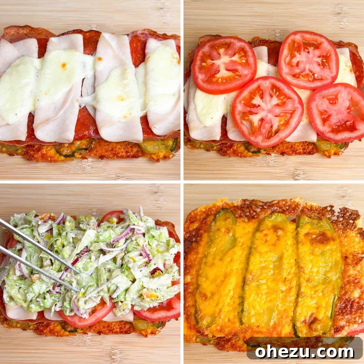 A step-by-step visual of how to prepare the Viral Pickle Sandwich, showing cheese and pickle layers on a baking sheet before baking.